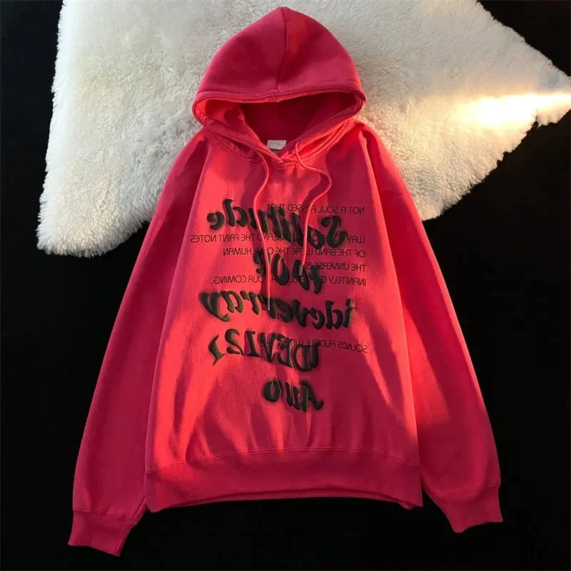 

Винтажный свитер с капюшоном и надписью, теплый Однотонный свитер в стиле Харадзюку, новая парка Y2K, уличный пуловер большого размера, Свитш...
