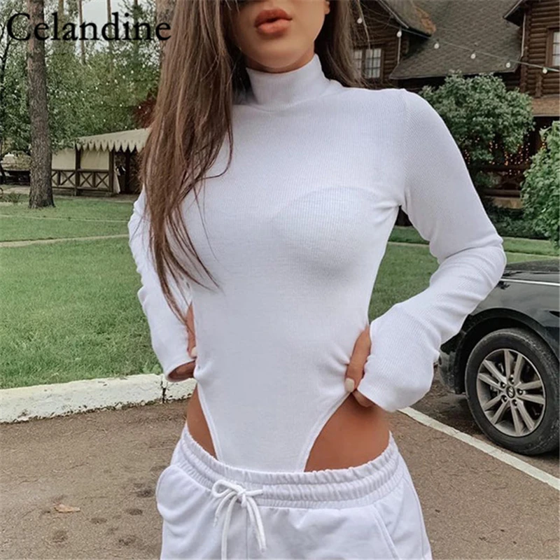 

Celandine White Black Sexy Fashion Turtleneck Skinny Bodysuit Women Ribbed Casual Knitted Bodysuit Ladies Autumn Winter 2020