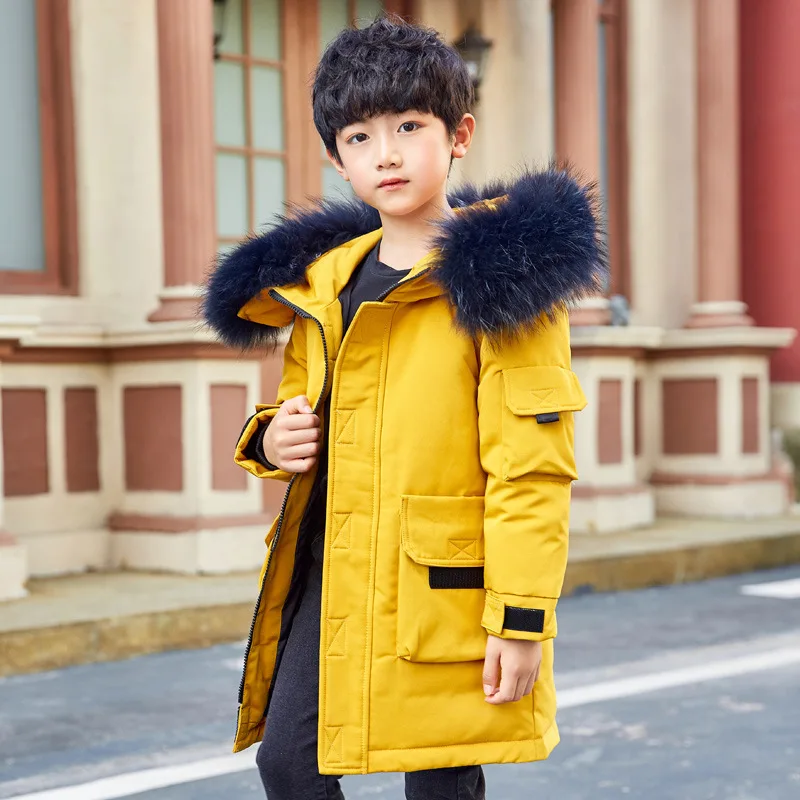 Цвет: желтый Парки для мальчиков-подростков, детское зимнее теплое пальто, пуховик для мальчиков, длинная плотная зимняя куртка, детское теплое пальто, натуральный мех, 130-160 - Цвет: Цвет: желтый