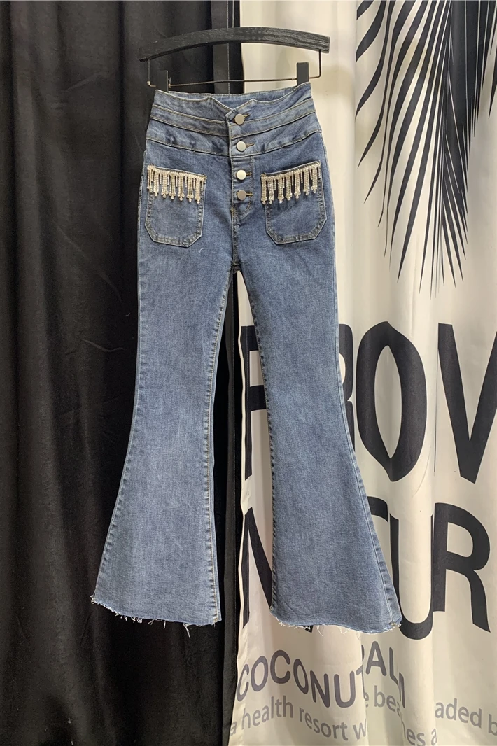 

Jeans Women's 2020 Fall Winter New Jeans Female Flare Pants Diamonds Tassel High Waist Denim Pants Girls Students Jean Cowboy