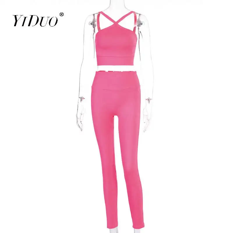 

YiDuo Tracksuit Casual Solid Fitness Sports Jogger Two Pieces Set 2020 Summer Women Outfits Halter Crop Tops And Long Pants Set