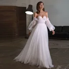 Свадебные платья в стиле бохо, пляжные, с длинными пышными рукавами, открытыми плечами, кружевные, с аппликацией, со шнуровкой сзади, 2021