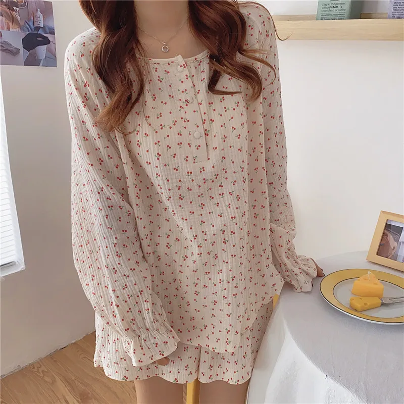 

Korean Cotton Sleepwear Set Pajama Mujer Cherry Print Long Sleeve Top+Shorts Ruffle Homewear Skin-Friendly Breathable