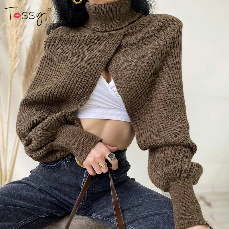 

Tossy Women's Long Sleeve Turtleneck Crop Tops solid Knitted Cardigans Autumn Lace Up Casual Sweater Sexy Streetwear 2021 NEW