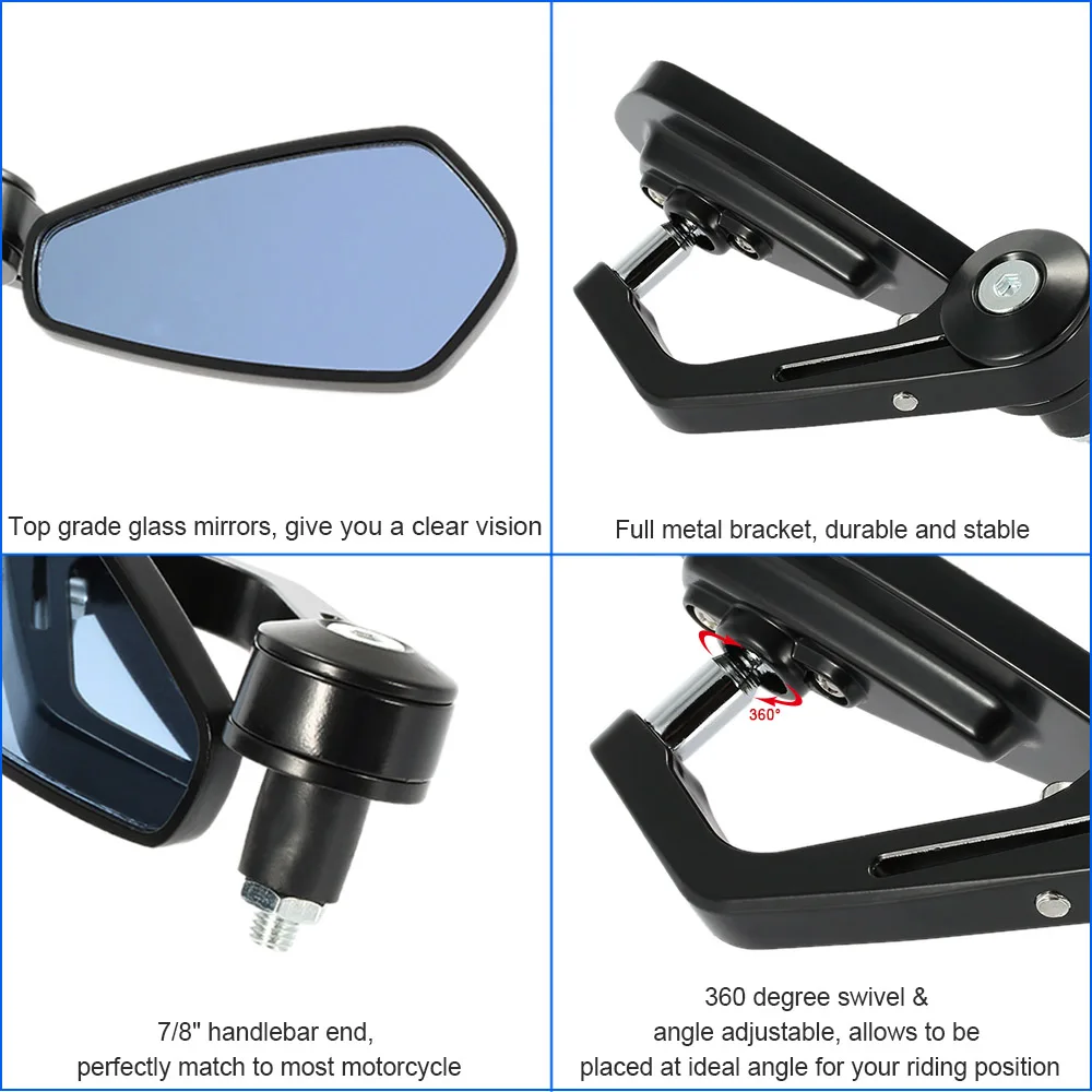 New One Pair of Motorcycle End Bar Rearview Mirror 7/8&quot Handle 360 degree Swivel Angle Adjustable Side View Mirrors QC-M-213 |