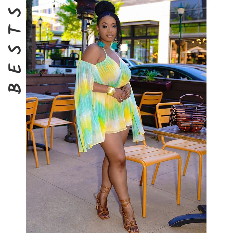 

Women Halter Off Shoulder Rompers Bandage Tie Dye Print Boho Short Playsuits Sexy Backless Casual Fairy Jumpsuit 2021 Summer