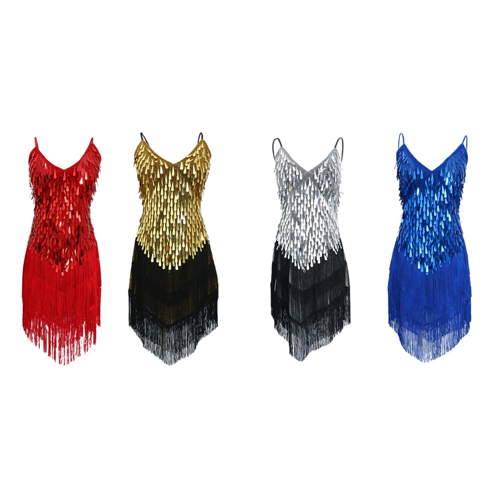 

One Piece Latin Ballroom Samba Dancing Dress Sequins Tassel Sling Skirt for Womens