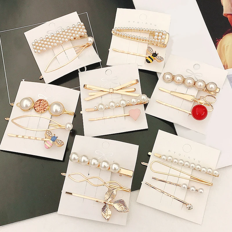 2Pcs/3Pcs/5 Pcs/Set Sweet Women Hair Clips Metal Bee Bow Geometric Pearl Clip Barrettes Girl Party Accessories Set |