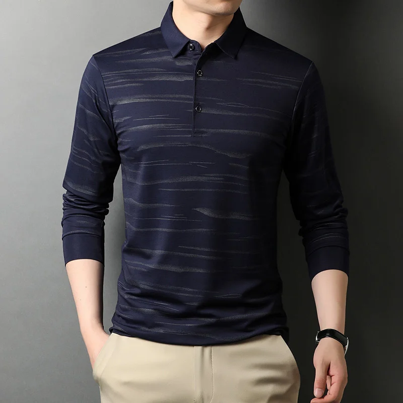 

2021 New Fashion High End Designer Brand Polo Shirt Men Black Striped Plain Korean Casual Long Sleeve Tops Men Clothes