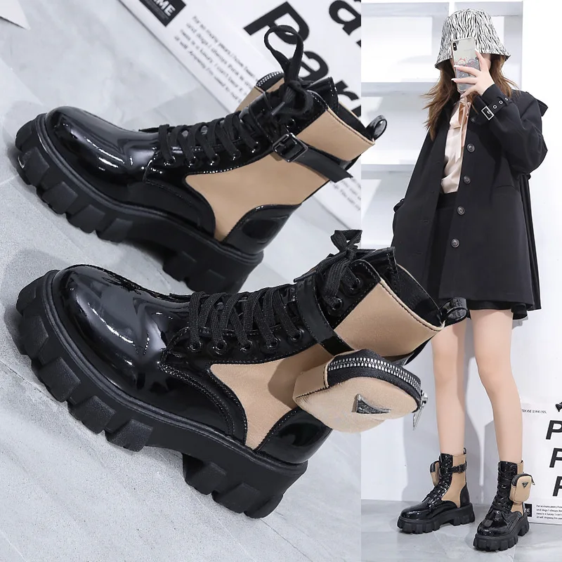 

Luxury Boots Women Winte Black Platform Shoes Fashion Leather Thick Heel Belt Buckle Designer Pocket Female Chelsea Ankle Boots