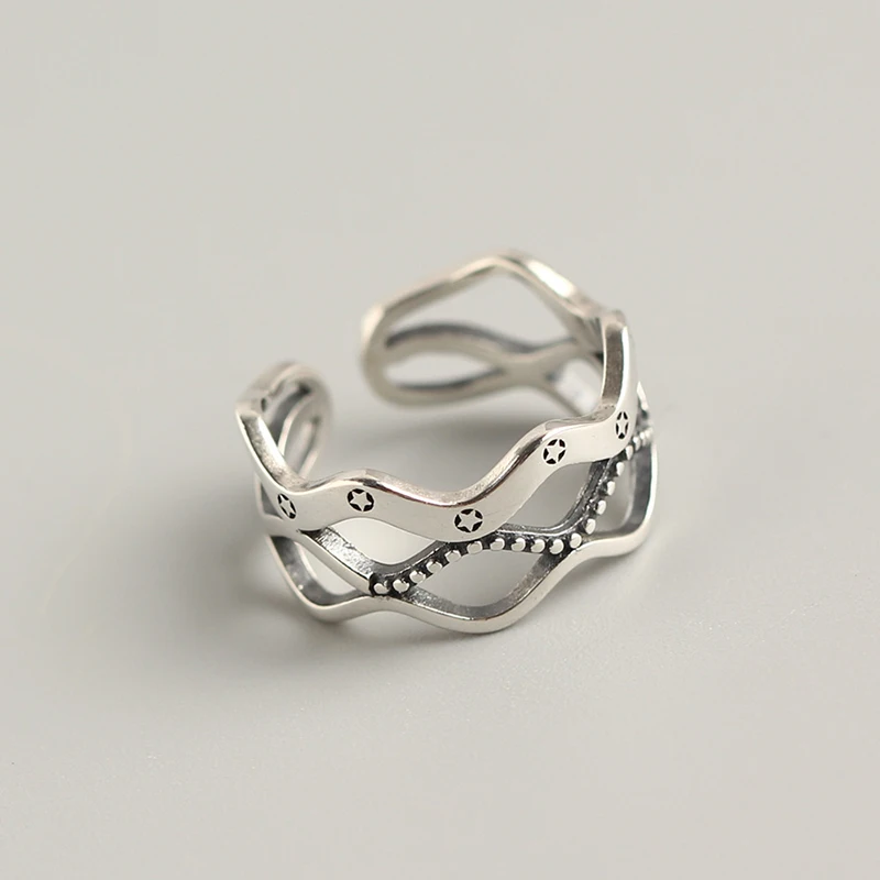 

PONYKISS 100% 925 Sterling Silver Wave pattern Resizable opening stars Ring Jewelry women Birthday Party Fine Gift Accessories