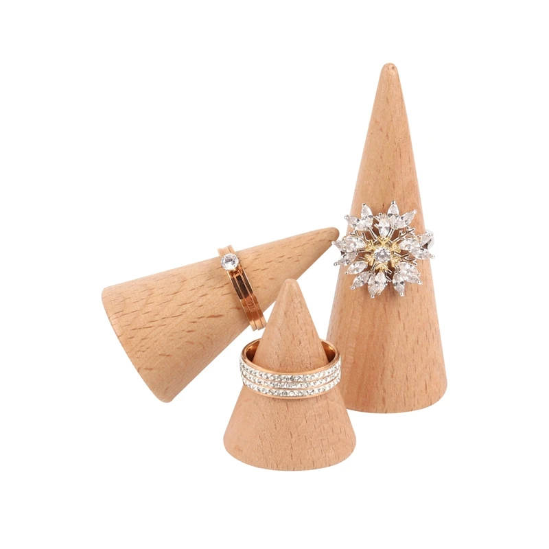 

Upscale Wood Ring Jewelry Display Holder Cone Shaped Organizer Stand Support Finger Rack Bague Crafts Storage Showcase