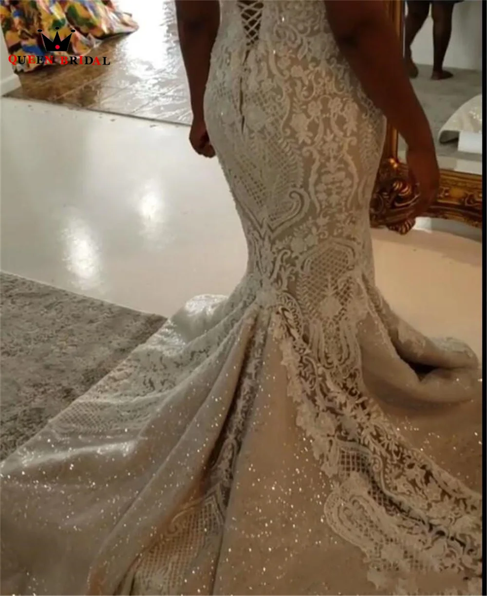 

Luxury Wedding Dresses Mermaid Sexy Lace Tulle Lace Crystal Beaded Sequins Detachable Train Bridal Dress Custom Size DK05