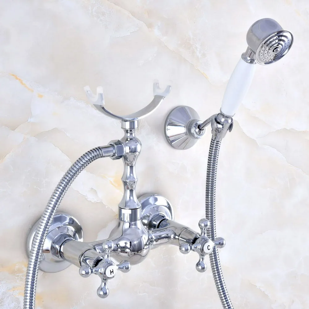 

Contemporary Polished Silver Chrome Brass Wall Mounted Bathtub Faucet with Handheld Shower Set +150CM Hose Mixer Tap 2na731