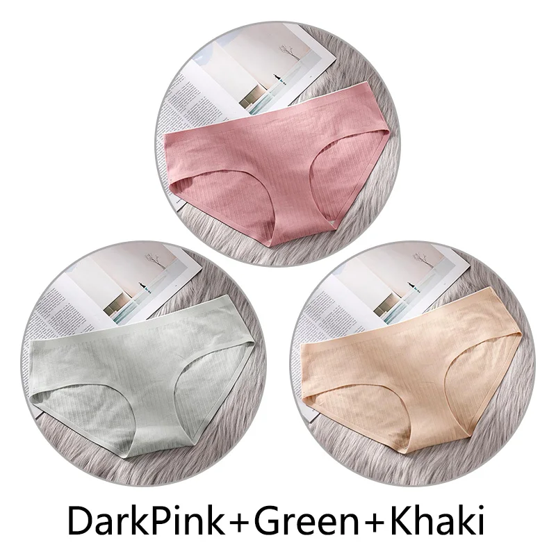 DPink Green Khaki 3 шт. сверхтонкое, бесшовное нижнее белье из хлопка, Для женщин нижнее белье, мягкие трусики с большими чашечками для Размеры 4XL белье соты с заниженным шаговым швом ткань нижнее бельё - Цвет: DPink Green Khaki