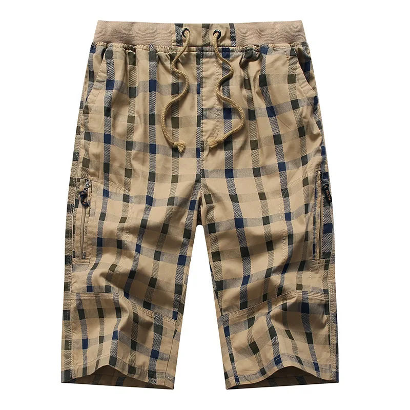 

Long Shorts Men Plaid Capris Cotton Summer 3/4 Length Trousers Back Zipper Pocket Bermuda Male Vogue Elastic Waist Breeches Men#