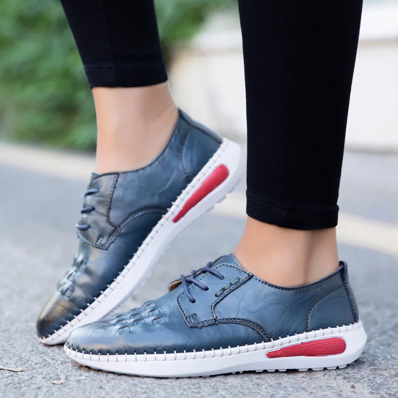 Туфли женские кожаные на плоской подошве плетеные прогулочные туфли без