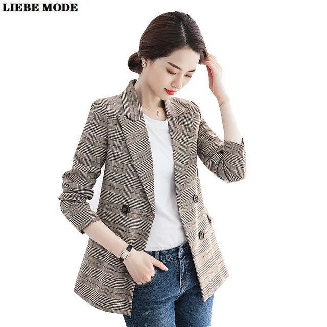 

Womens Elegant Plaid Blazer Long Sleeve Plus Size Double Breasted Blazer Ladies Korean Spring Autumn Office Wear Suit Jacket