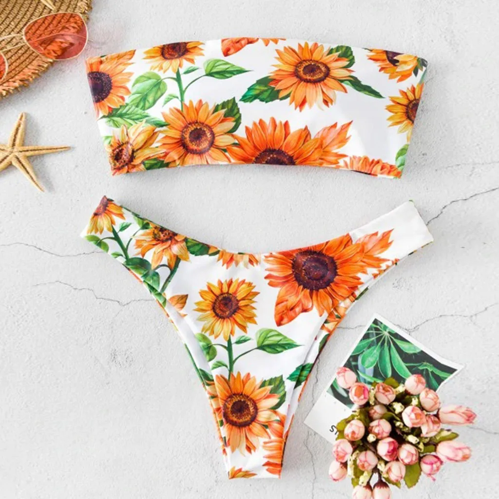 Женский милый купальник-бикини с цветочным принтом топ и низ комплект бикини из