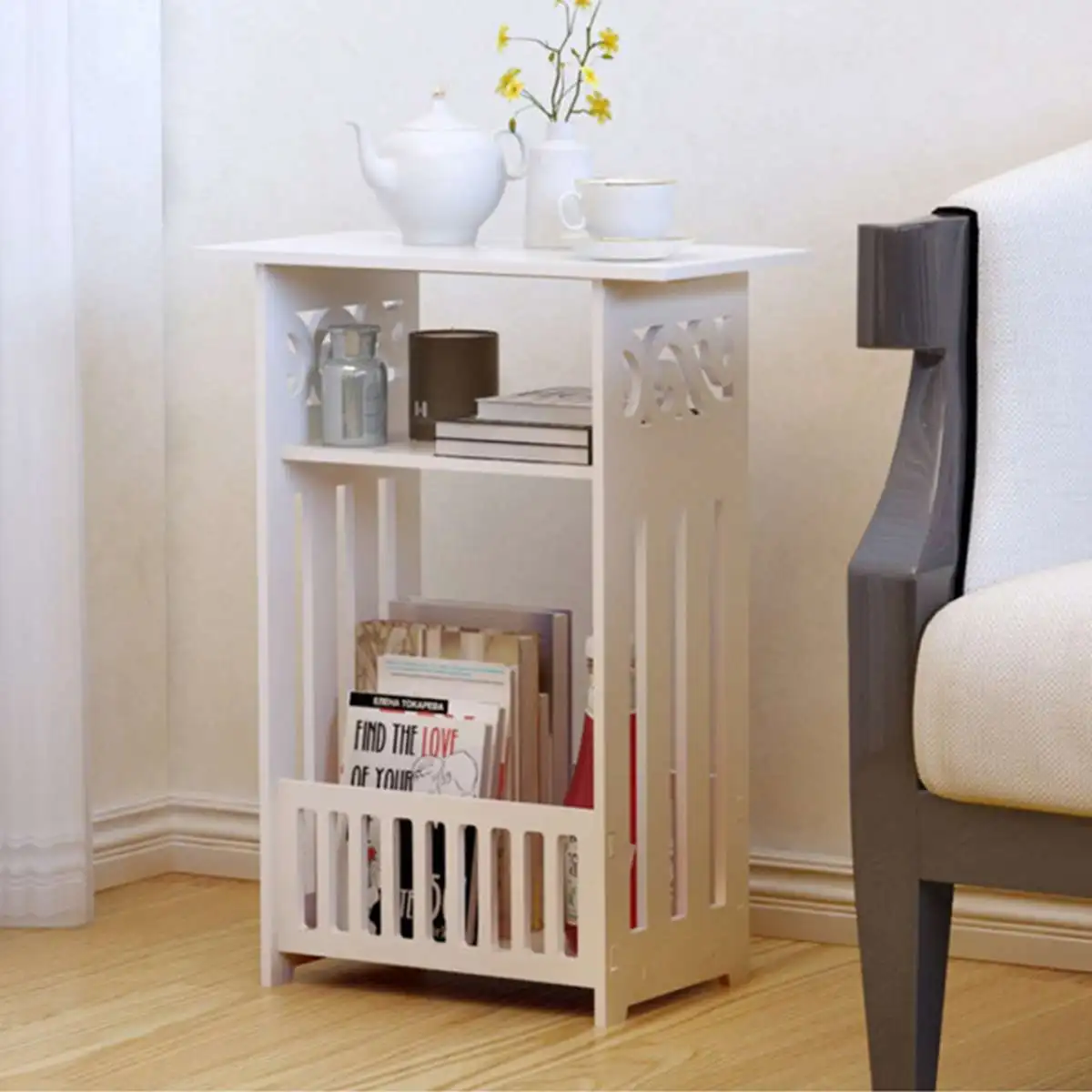 

3 Tier White Magazine Rack Shelf Multifunctional Storage Rack Tea Table Plant Stand Sofa Side Storage Rack Home Storage Organize