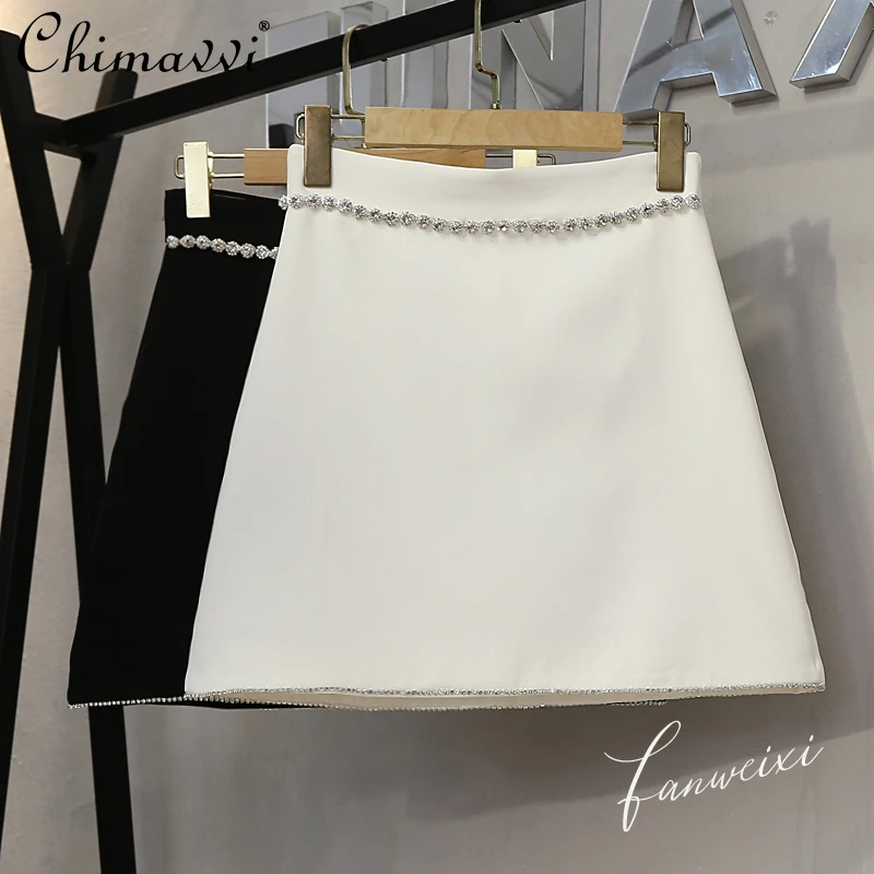 

2021 Autumn Korean Style Rhinestone Mini Skirt Women's High Waist Slimming A Line Skirt Female White Pleated Hip Short Skirt