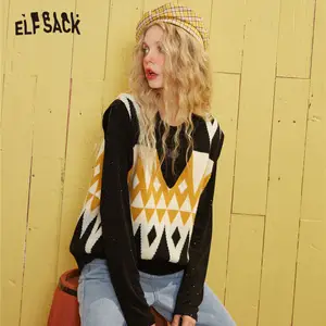 Женский трикотажный пуловер ELFSACK, Черный Повседневный пуловер с принтом ромбиками, с v-образным вырезом, без рукавов, с геометрическим рисунком, весна 2020