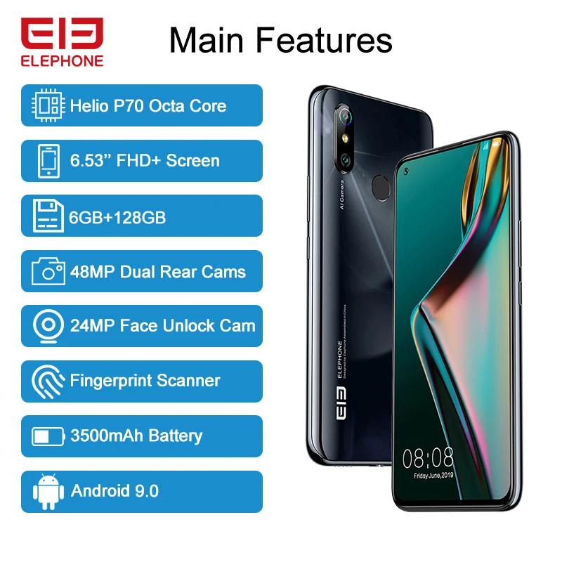 В наличии ELEPHONE U3H 6 ГБ 128 Гб Смартфон Helio P70 Octa Core 53 &quotFHD + безрамочный экран с 48MP
