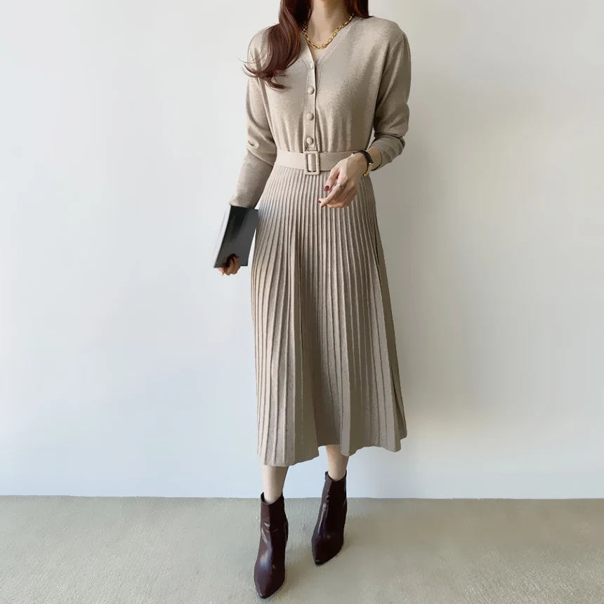 

Woman Knitted Pleated Dress New Casual Female Midi Skirt Autumn Winter Basic Dresses for Woman Full Sleeve Dress Femme