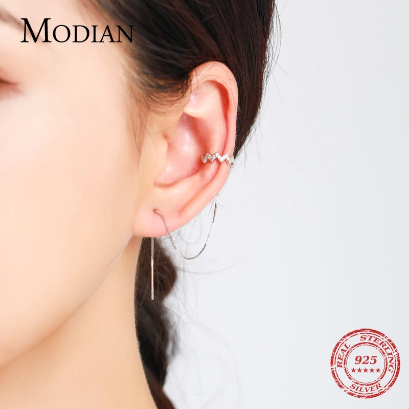 

Modian Fashion Lightning Clear CZ Ear Cuff 100% 925 Sterling Silver Long Tassel Chain Clip Earrings For Women Girls Jewelry