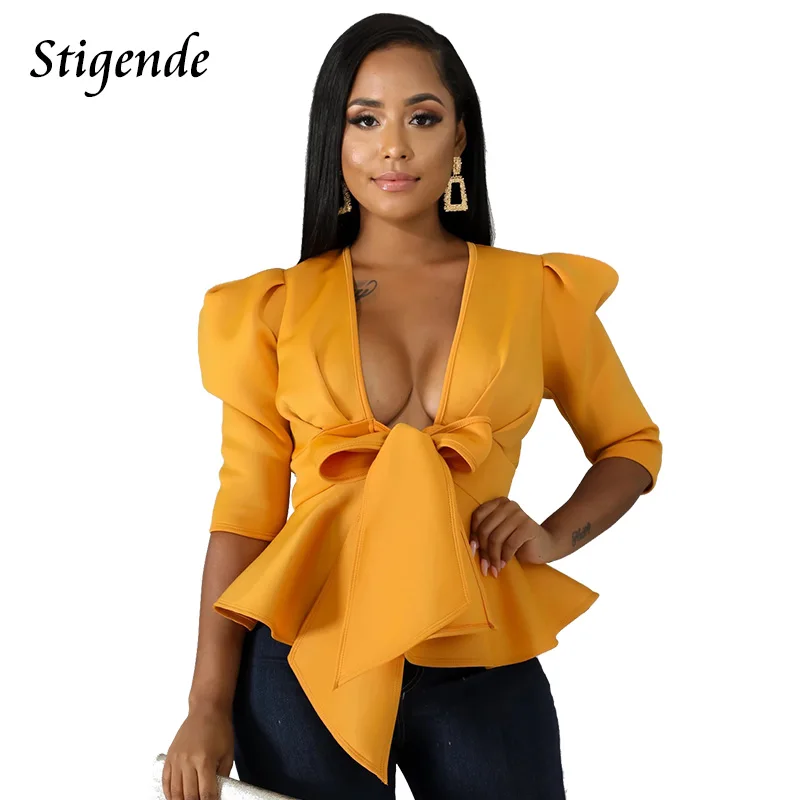 Stigende Half Sleeve Sexy Deep V Neck Bow Blouse Women Summer Casual Solid Color Ruffle Blouse Elegant Bandage Crop Blouse Top - Цвет: Цвет: желтый