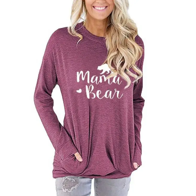 

graphic tee New fashion casual ladies women's pocket fleece Mama Bear printing round neck long sleeve T-shirt
