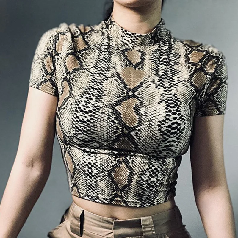 

2020 Sexy Crop Top Women Snake Print Tank Top Slim Primer High Collar Vest Harajuku Crop Tank Top T Shirt Femme Girls Camis Tops