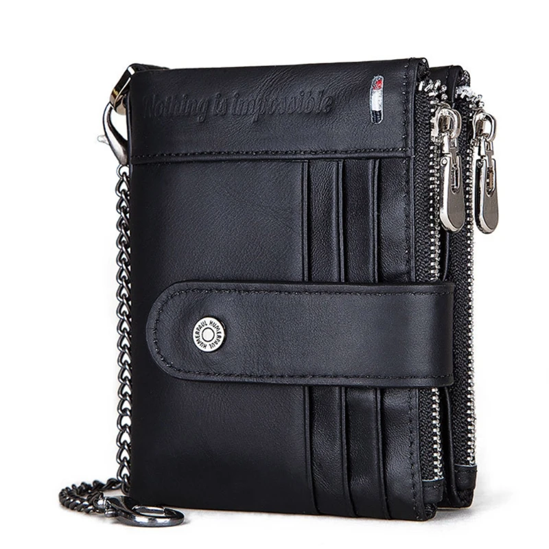 

50LD Men's RFID Blocking Leather Bifold Wallet Short Purse with Anti Theft Chain