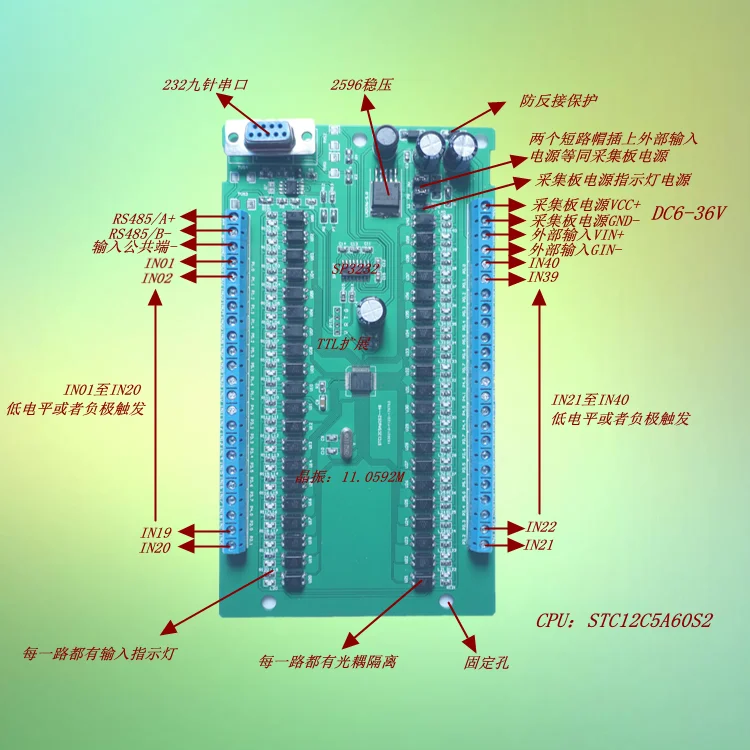 

40-канал RS485 Вход модуль Modbus RTU серийный Порты и разъёмы Вход расширения ввода-вывода дистанционного ввода/вывода переключатель