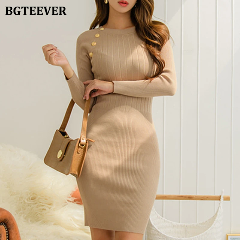 BGTEEVER элегантное женское трикотажное платье-футляр с круглым вырезом на осень и