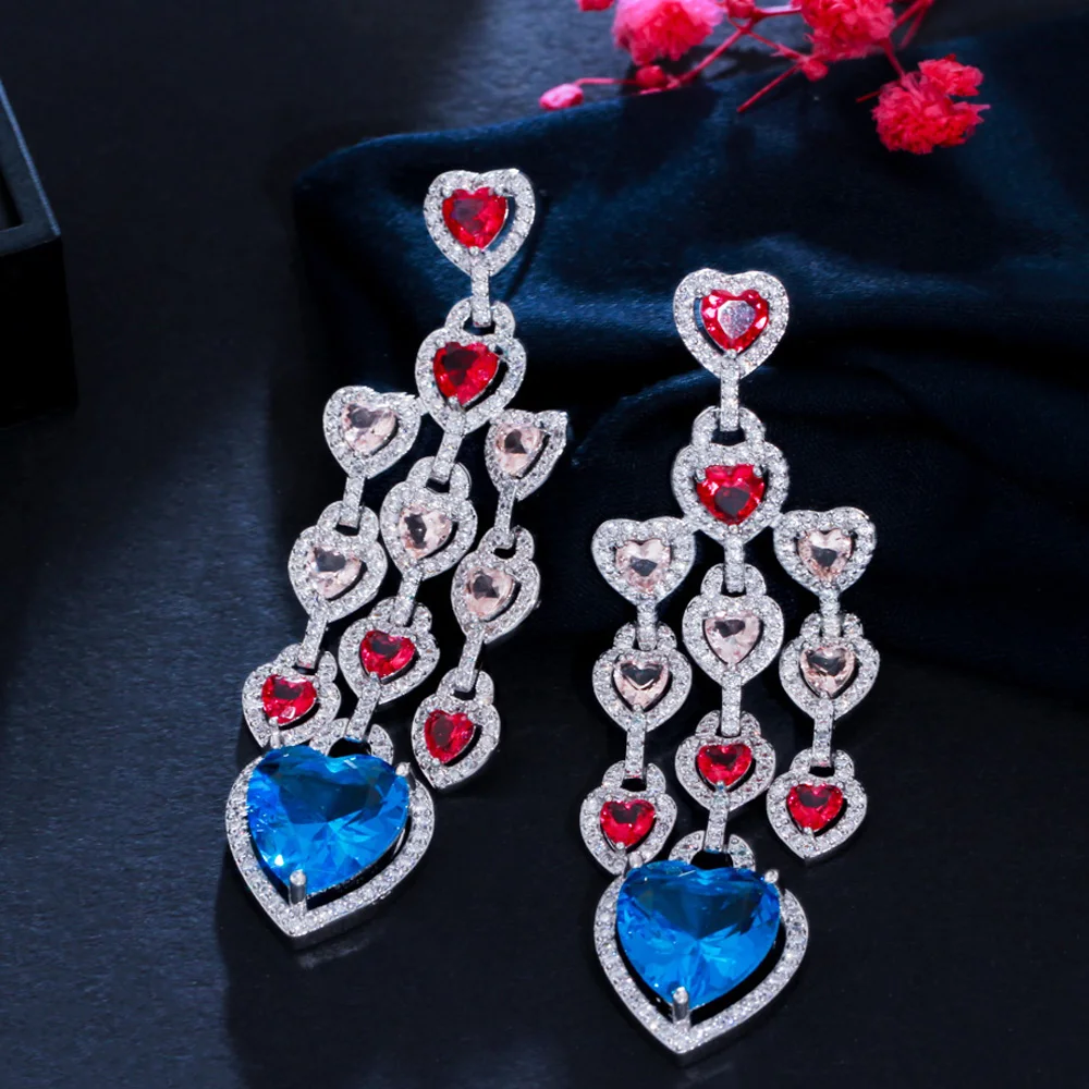 

CWWZircons Luxury Big Blue CZ Dangly Long Tassel Heart Shape Drop Earrings for Women Wedding Bridal Party Custome Jewelry CZ940