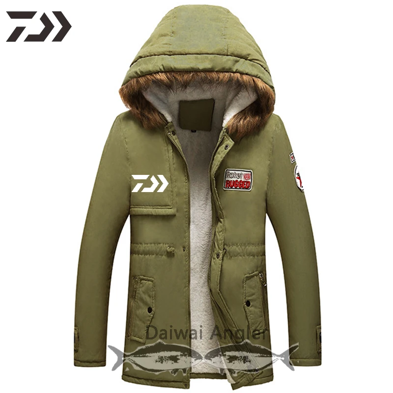 Зеленый Daiwa Thick Cotton Fishing Jacket Men Windproof Thermal Hiking Fish Clothes Print Hooded Zipper Camping Outdoor Clothing - Цвет: Зеленый