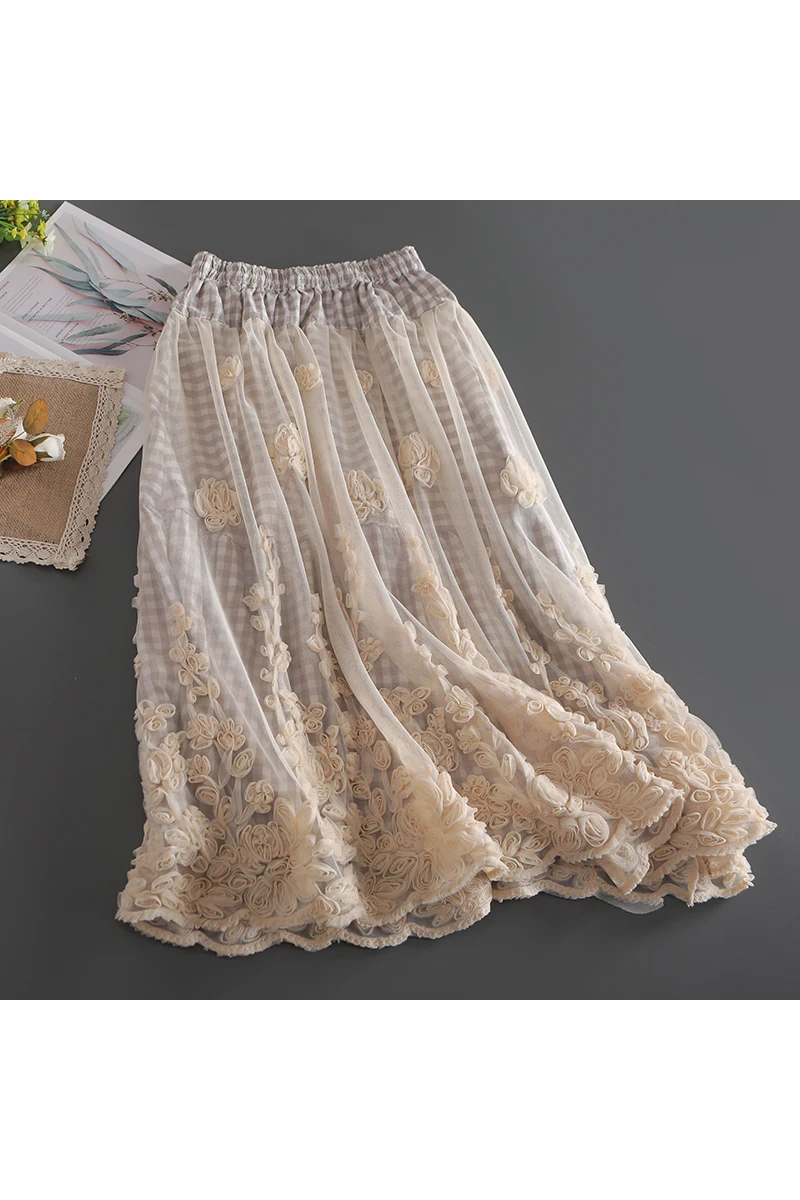 

New Embroidered Lace Princess Dress Women Loose All-Match Plaid Stitching Spring Summer Mesh Dress