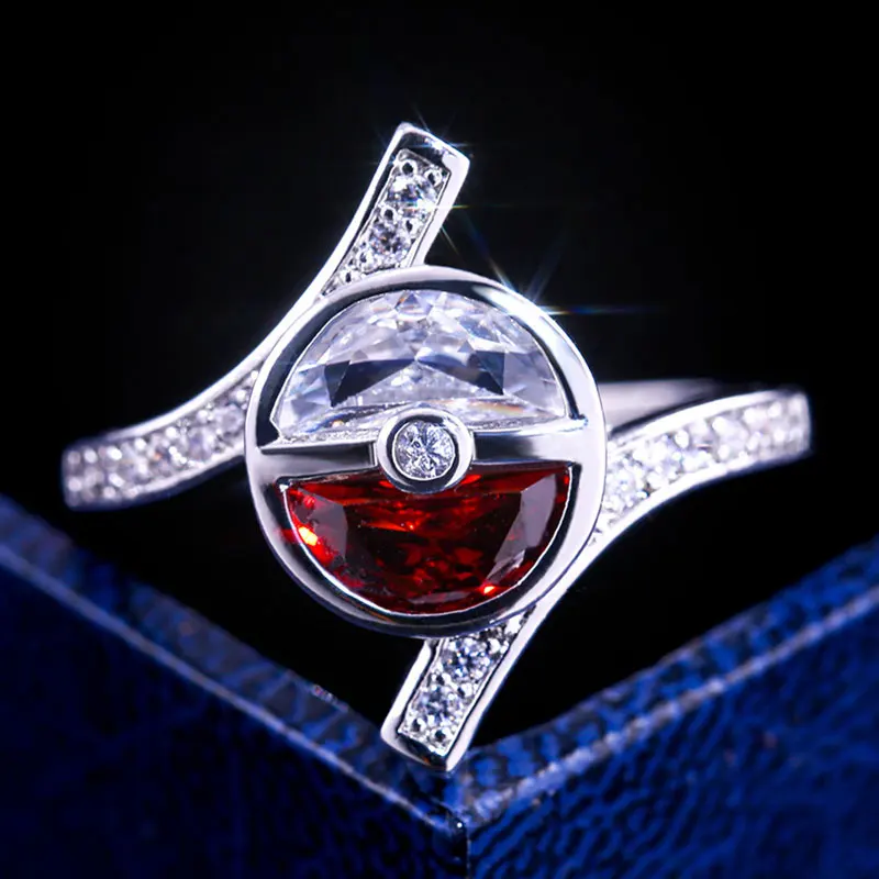 Женское кольцо в форме мяча монстра красного белого цвета с серебряным покрытием