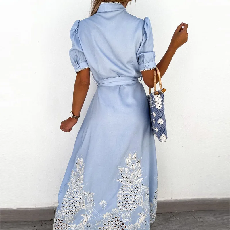 

Summer Dress Women Hollow Out Puff Sleeve Lace Shirt Dress Patchwork Embroidery Long Dress Elegant Sundress Tie-Up Belted Robe