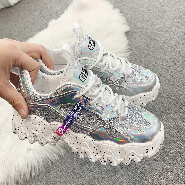 Spring Women's Chunky Sneakers Fashion Women Platform Shoes Bling Sequined Lace-Up Vulcanize Shoes Female Trainers Dad Shoes 1