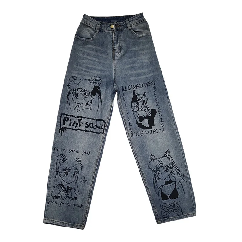 

2021 Jeans Women Harajuku Sailor Moon Printing Vintage Denim Pants Korean Loose Casual High Waist Straight Trousers Streetwear