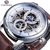 forsining skeleton white dial automatic mechanical watch brown genuine leather band waterproof wristwatch top brand men watches