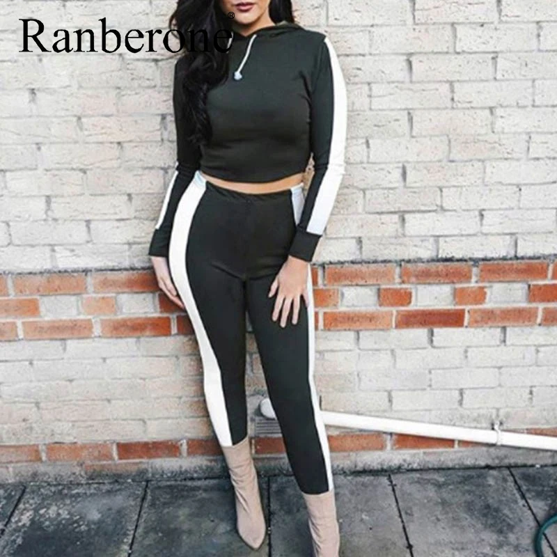 Raneberone Side Stripe Tracksuit Women Sportwear Solid Hoodie Sweatshirt Crop Top Hoodies Jogging Pants 2 Pcs Activewear Hot