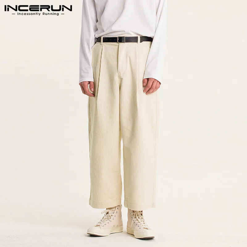 

INCERUN Vintage Solid Color Men Pants 2021 Spring Leisure Corduroy Trousers Casual Zipper Loose Straight Bottoms Streetwear 5XL