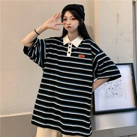 summer korean style striped polo short sleeved shirt womens clothes for teenagers t vintage simple kawaii loose clothes