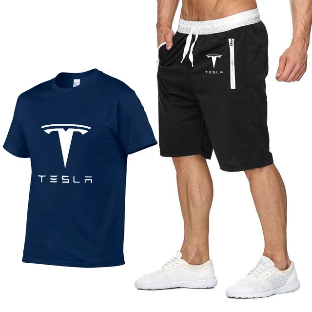 

Summer Mens Short Sleeve Suit Tesla Car Logo Mens T-Shirt Harajuku Hip Hop High Quality Cotton T Shirts Shorts Suit Sportswear