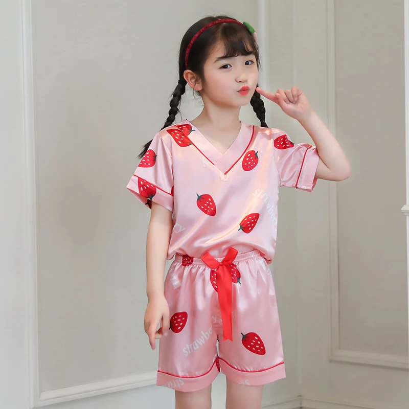 

Summer Girl Boy Kid Pajamas Sleepwear Silk V-Neck Cartoon Cool Children's Pajama Sets Cute Satin Pijamas For Kids Age 10 11 13