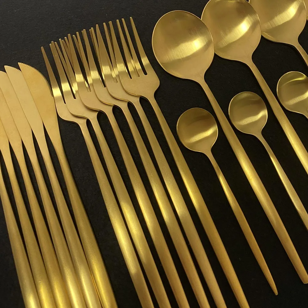 24 шт. Золотая матовая столовая посуда набор столовых приборов 304 нержавеющая