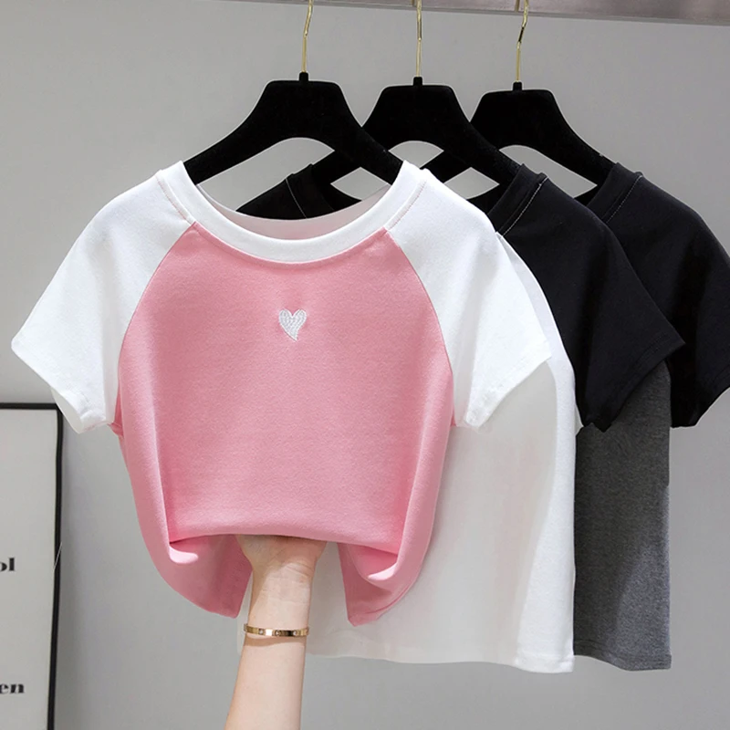 

Casual Pink O-Neck Summer Crop Top Women T Shirt Patchwork Short Sleeve Tops Cotton Embroidered Loving Clothes Tee Shirt Femme